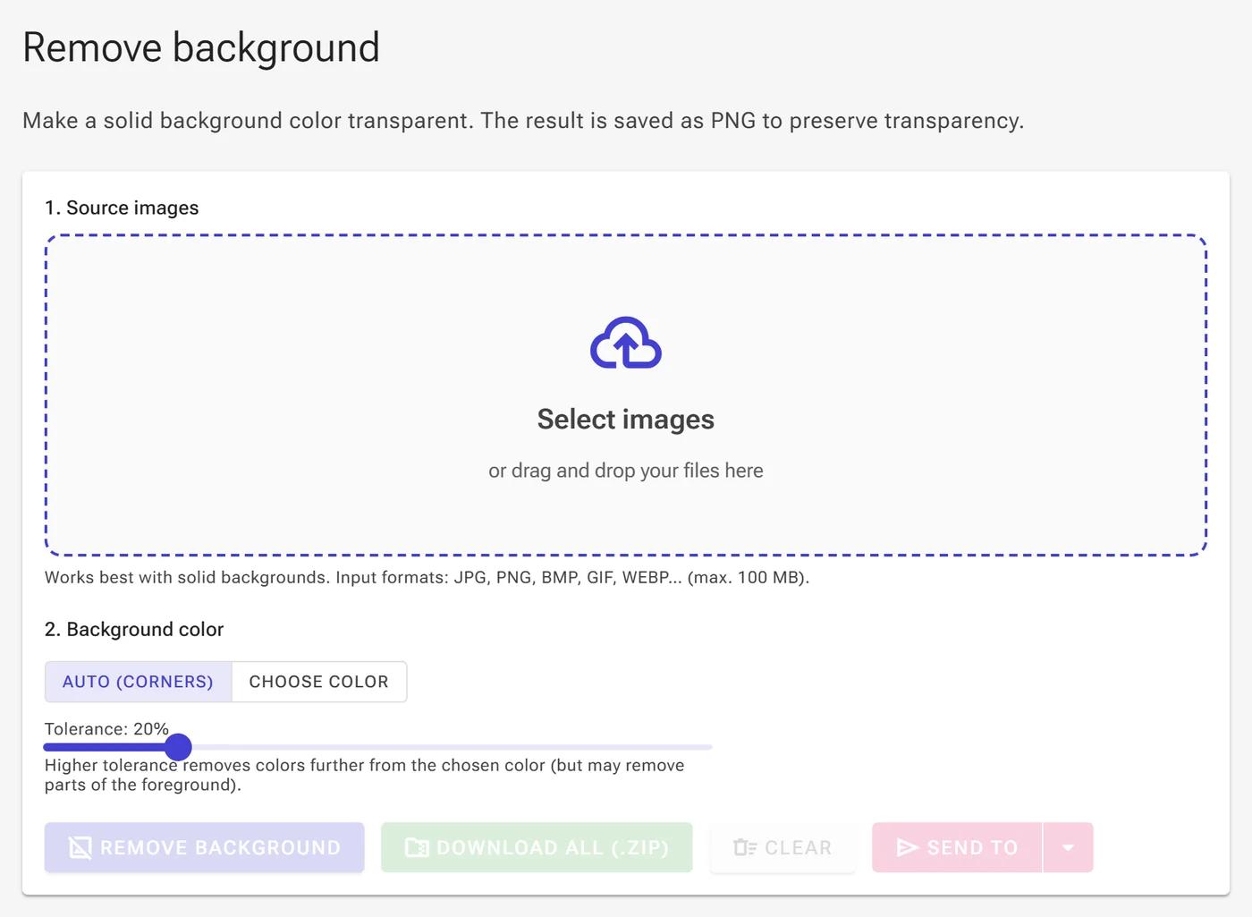 Background remover drop zone with the Select images button