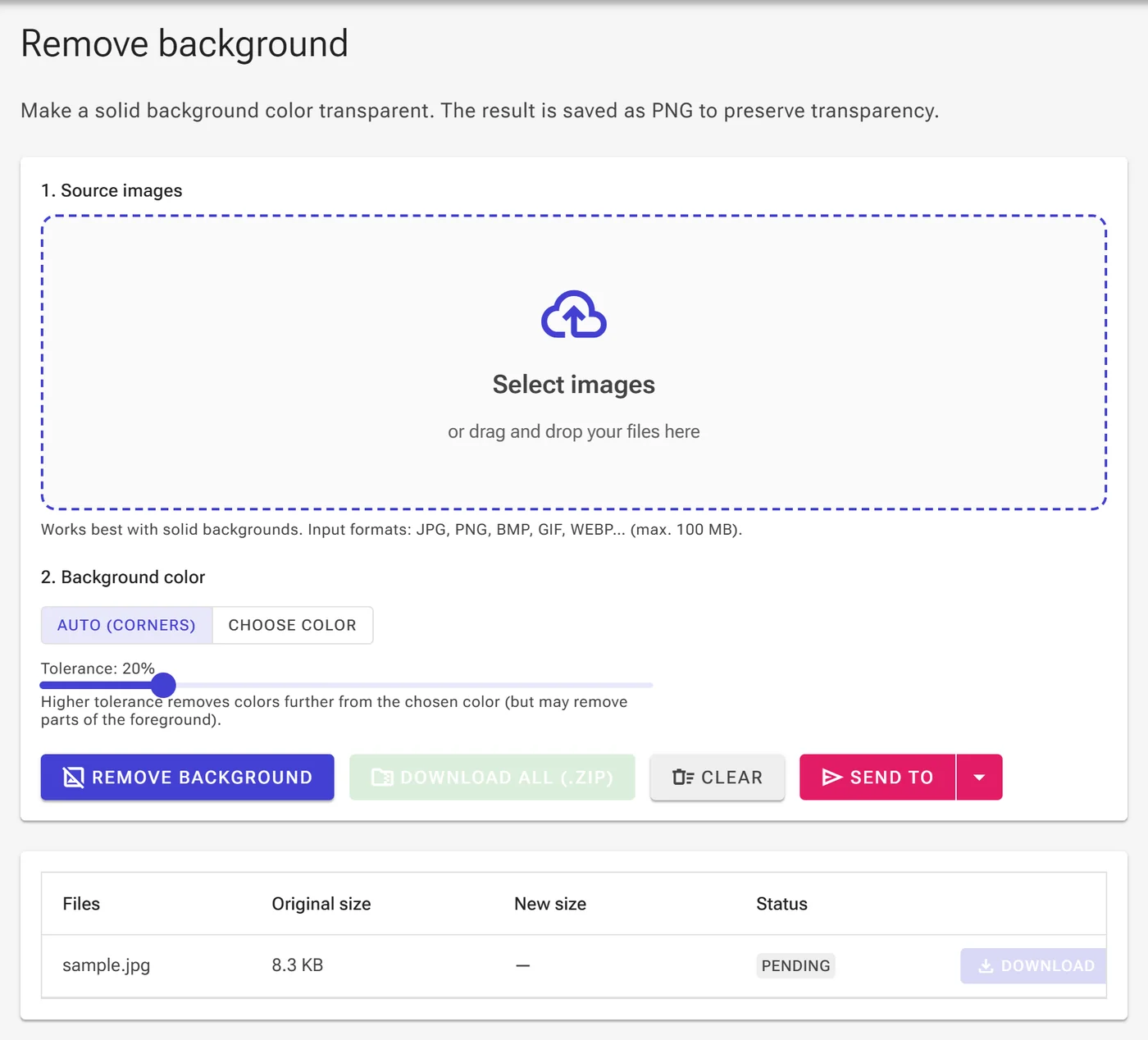 Uploaded image with Auto (corners) mode and the tolerance slider