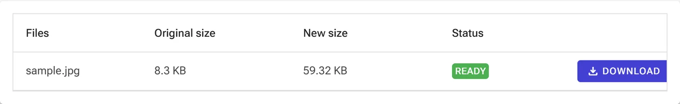 Result row showing the new file size, Ready status, and Download button